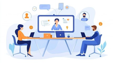 A digital illustration of a videoconference, featuring two individuals at laptops, interacting with a central presenter on a screen, enriched by chat bubbles and icons.
