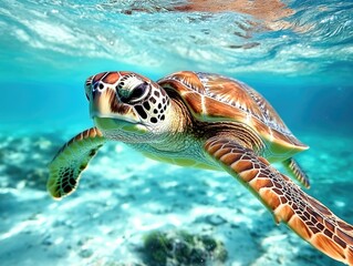Turtle swimming in clear blue water
