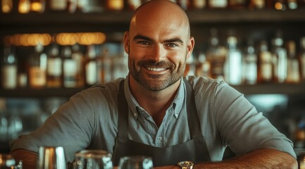 A male bartender with a warm smile stands behind the bar in a cozy establishment filled with various bottles, showcasing a friendly atmosphere in the evening hours