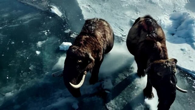 Two majestic mammoths traverse a frigid Antarctic ice field under a gentle snow drizzle