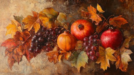 A still life of autumnal fruits and foliage
