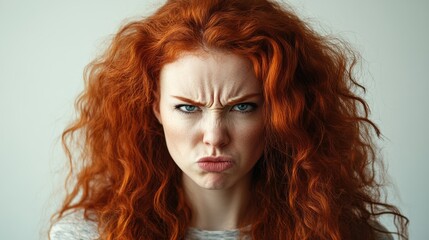 Naklejka premium girl 35 years old with long curly red hair, angry carton 