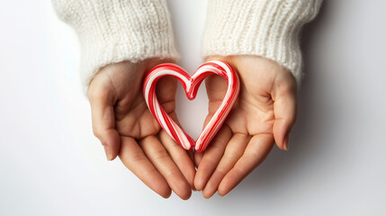 Obraz premium Heart-shaped candy cane held in hands, symbolizing love during Christmas