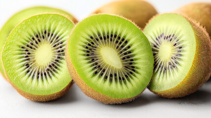 Fototapeta premium Close-up of fresh sliced kiwifruit with green flesh and small black seeds on a light surface