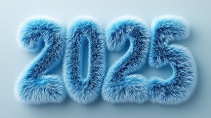 Fototapeta premium Furry and fluffy text art representing the year 2025 in a soft blue color against a light background, conveying a cheerful and festive atmosphere for the upcoming year