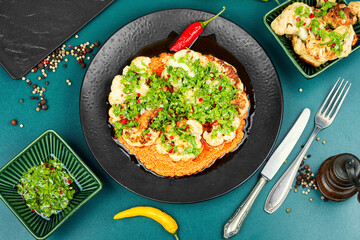 Roasted cauliflower in plate, vegetarian recipes.