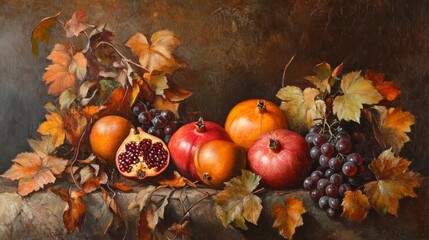 A still life of autumnal fruits and foliage