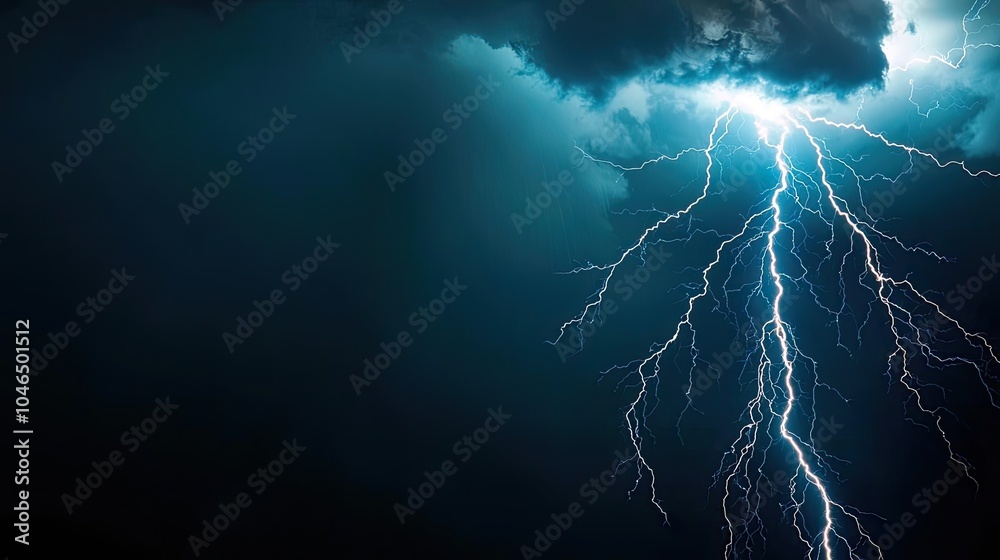 Poster lightning strikes through dark storm clouds in a dramatic sky.