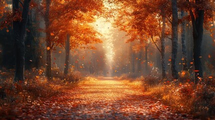 Serene autumn pathway lined with vibrant orange foliage.