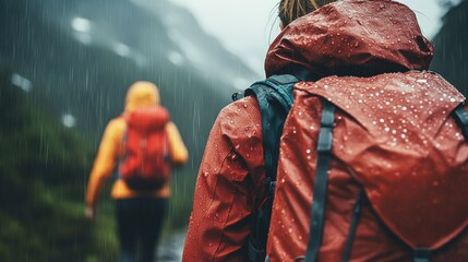 Hikers exploring a misty mountain trail in the rain wearing waterproof jackets during an outdoor adventure in the wilderness