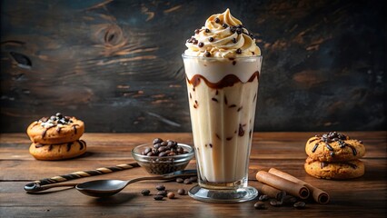 A Creamy Coffee Drink With Whipped Cream and Chocolate Drizzle, Decorated with Chocolate Chips, Served With Cookies and Cinnamon Sticks on a Wooden Table