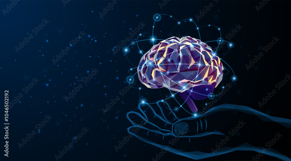 Poster Abstract hand is holding an artificial neural network or artificial intelligence brain. Digital brain science for future learning. modern technology innovation concept background
