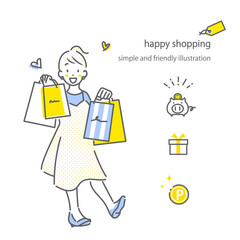 買い物を楽しむ若い女性　シンプルでお洒落な線画イラスト