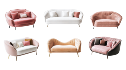 Stylish collection of modern sofas in various designs and colors displayed against a transparent background.