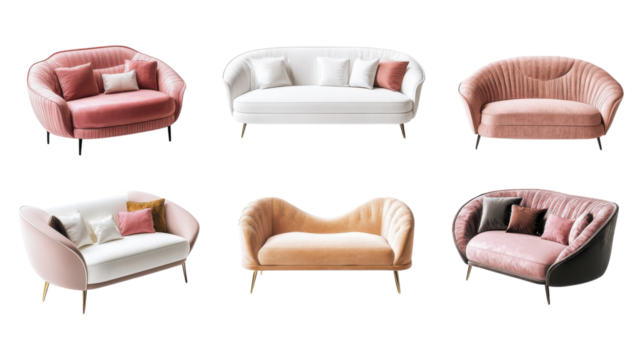 Stylish collection of modern sofas in various designs and colors displayed against a transparent background.
