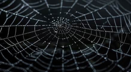 Fototapeta premium Spider web with dew drops on threads, top view