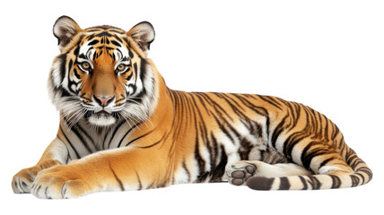 Obraz premium A magnificent tiger rests gracefully in a sunlit area, showcasing its striking orange fur and bold black stripes.