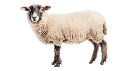 A fluffy sheep standing on a white background showcases its wool and distinctive facial features in a natural posture.