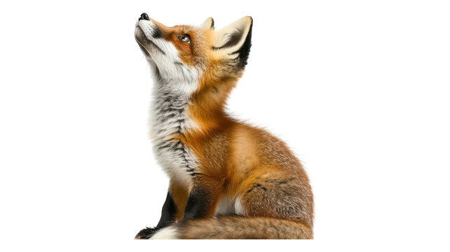 A close-up view of a curious fox sitting gracefully with its head tilted, showcasing its beautiful fur and keen expression. - Powered by Adobe
