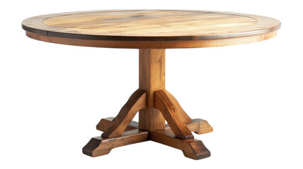 Elegant round wooden table with sturdy legs situated against a transparent background ideal for interior design purposes.