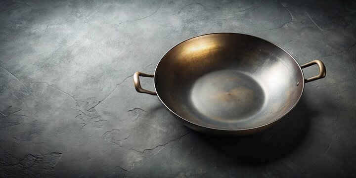 A weathered, rustic wok with brass handles rests on a textured, dark gray surface, ready for culinary adventures.