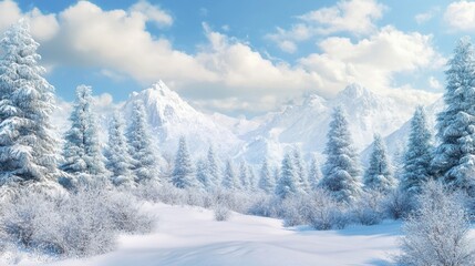 Majestic winter wonderland snow-covered peaks and pine forests