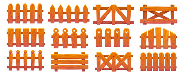 Wooden farm fence, ranch garden palisade or banister. Cartoon vector rustic gates or balustrade with wood pickets. Enclosure railing, fencing sections with decorative pillars. Isolated wood balusters © Vector Tradition