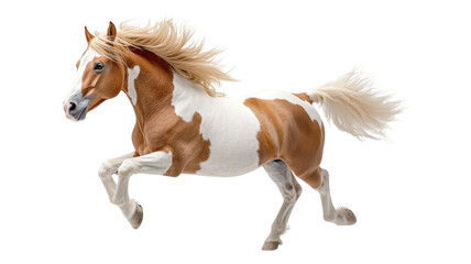 Obraz premium A spirited horse gallops through an open field, showcasing its lively movement and stunning coat patterns during a sunny day.