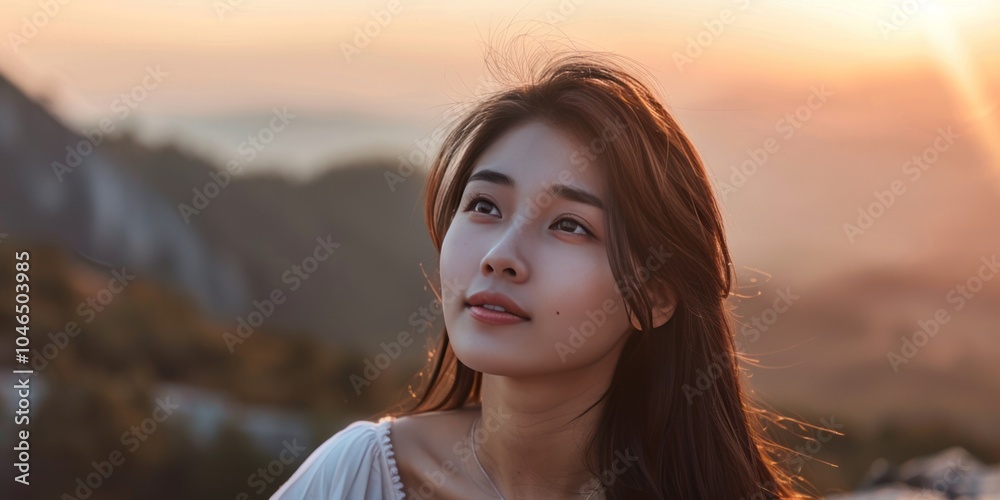 Poster Serene Portrait of a Young Woman at Sunset with a Scenic Mountain Background