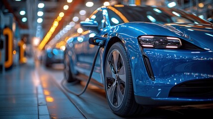 Obraz premium Electric vehicle charging in a modern industrial setting.
