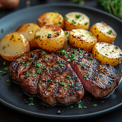 grilled steak with potatoes and vegetables