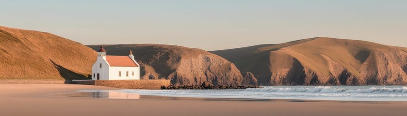 Chapel stands on sandy beach with ocean waves in front and hills in the background during dusk. Warm sunlight reflects off the water.