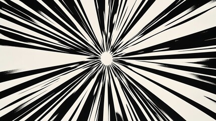 Black and white background with bold lines converging to a center, evoking motion and drama in comic pop art style