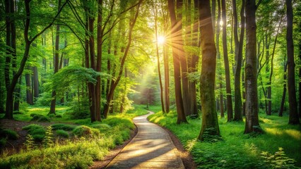 Sunlit path in lush green forest