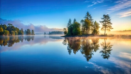 Obraz premium Serene lake at dawn with mist rising from the water surface and surrounding trees, reflecting a soft blue sky, atmosphere, calm, morning