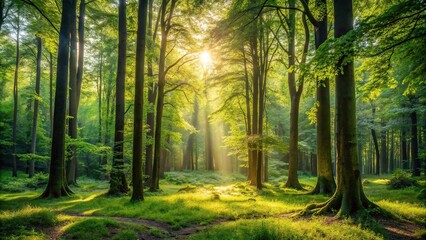 Secluded summer forest with dense foliage and towering trees, dense, forest, greenery, serene