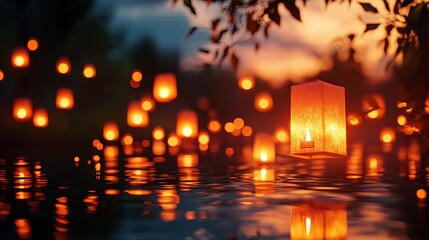 Tranquil floating lanterns illuminating a serene waterway
