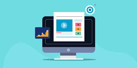 Video marketing, analysing content performance with analytics software dashboard, social media marketing and audience target concept, vector illustration.