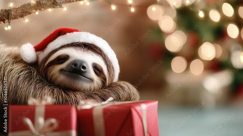 Poster Sloth in Santa Hat with Christmas Gifts.