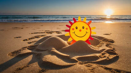 Obraz premium Smiling sun on sandy beach with ocean waves at sunrise, capturing warmth and happiness under sunlight.