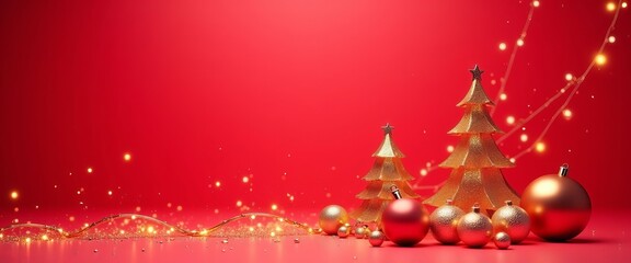 A red background with two gold trees and many gold balls. The balls are scattered around the trees, creating a festive and joyful atmosphere