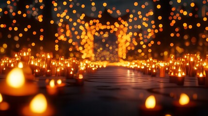 Enchanting pathway illuminated by glowing candles at night