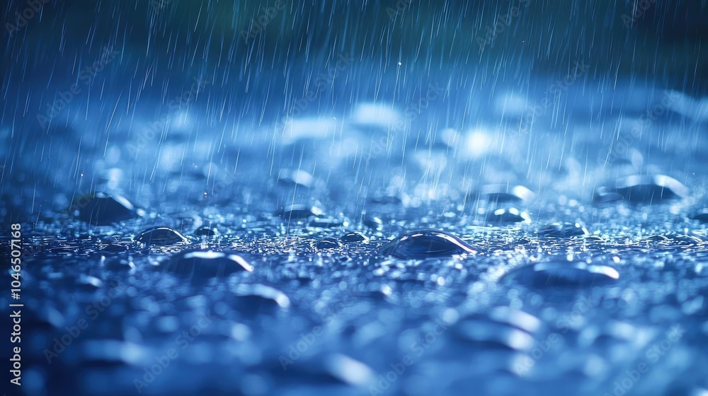 Poster Raindrops falling on a wet surface, creating ripples in the water.