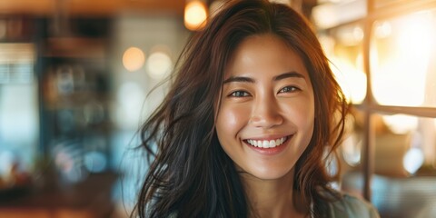 Obraz premium A cheerful woman with long hair smiling indoors