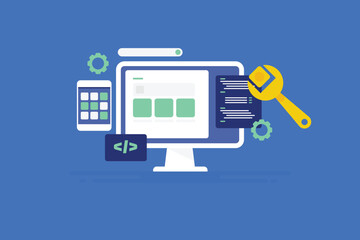 Website under maintenance, plugin update and new software version installation, coding CSS changes design concept, vector illustration.