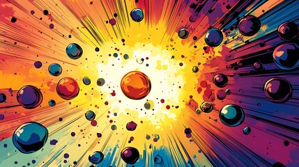 Dynamic background with bubbles moving towards a single point, creating depth and energy in a comic pop art style