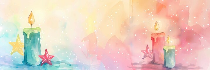 a banner with a watercolor illustration symbolizing a holiday, and festive candles on a Christmas background with a multicolored side on the right with an empty seat in pastel colors