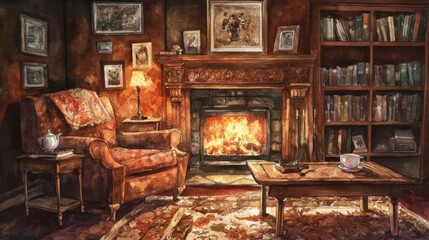 A watercolor painting of a cozy living room