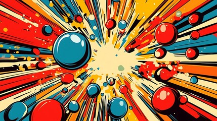 Energetic comic pop art design with bubbles of different sizes converging to create a sense of...