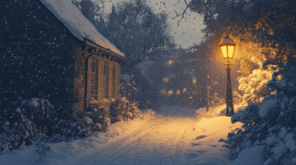 serene winter street scene with cozy cottage and glowing street lamp